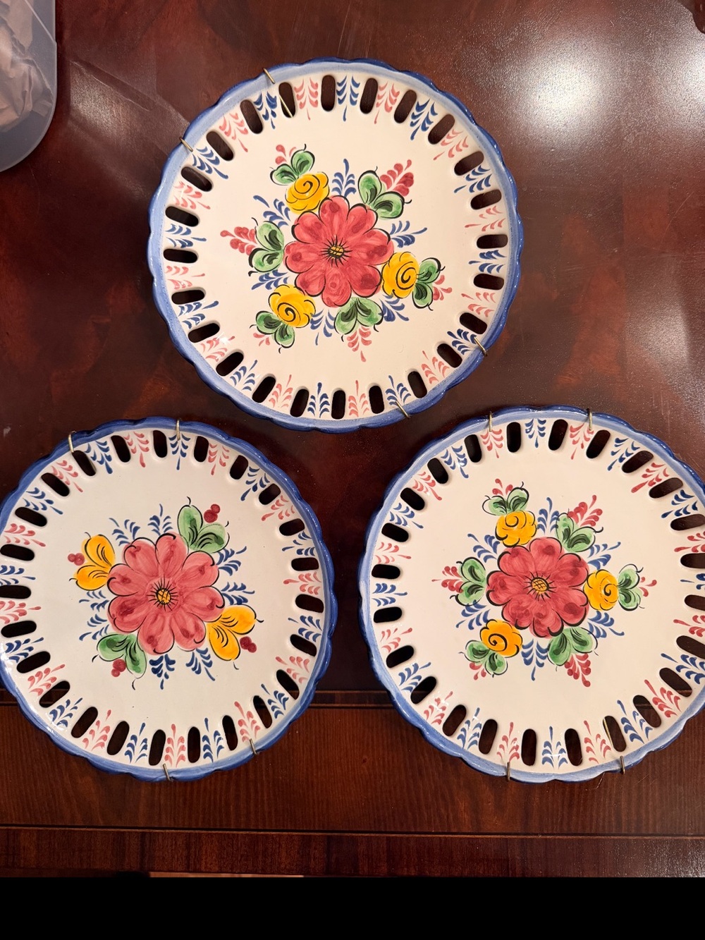 3 1960's Hand painted floral Portuguese hanging wall dishes